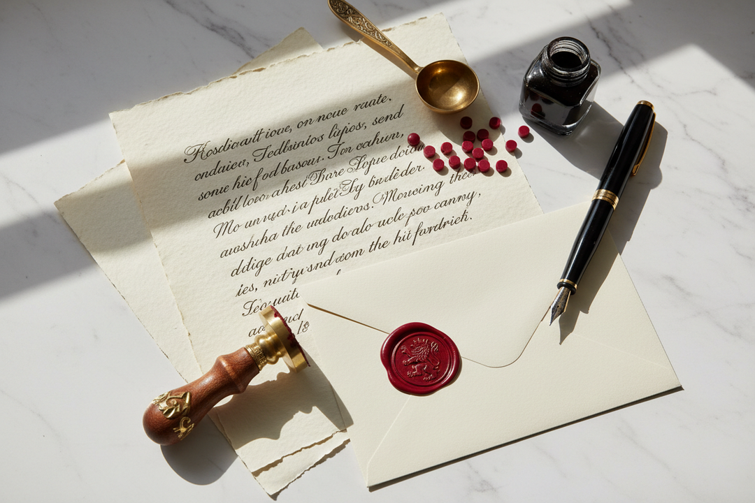 Handwritten letter with wax seal, fountain pen, and sealing wax on white surface from letterseals.mom
